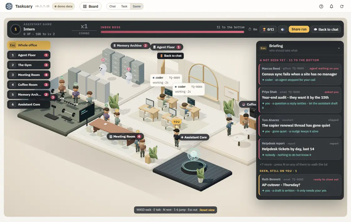 Taskuary at work: every task, message and agent as a figure on one floor - agents at their desks, people waiting on you, and the assistant at the centre.